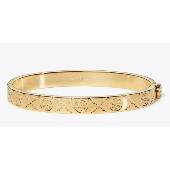 Tory Burch T Monogram Gold Logo Hinged Bangle Bracelet - Picture 2 of 5
